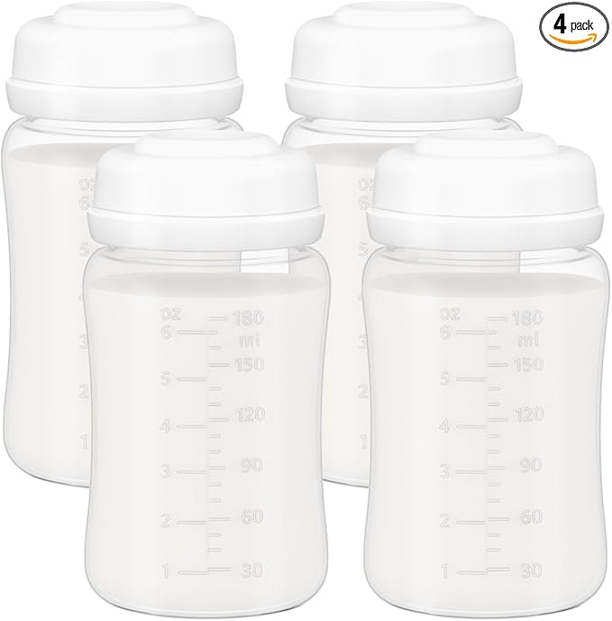 6oz Wide-Mouth Breastmilk Storage Bottles with Two-Pieces Sealing Cap, Leak-Proof Design, No-Fade Reading Marking, Compatible with Spectra S1 S2 9 Plus, Motif Luna, and Most Wide-Mouth Flanges, 4 Pack