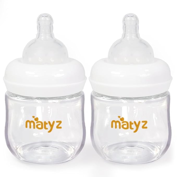 Matyz 2-Pack Glass Baby Breastfeeding Bottles With Caps (White, 4Oz) - Wide Neck New Born Bottles For Baby Breastfeeding - Breastfeeding Bottles For Newborn Babies - 4 Oz Glass Baby Bottles 0-3 Months