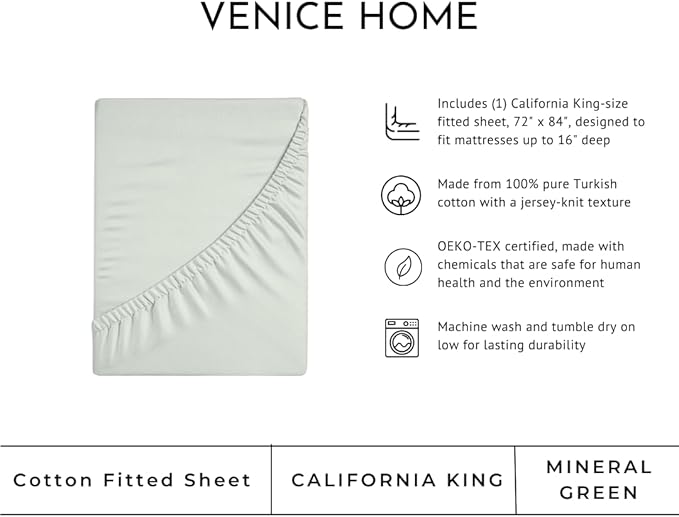 100% Cotton Fitted Sheet Only - Deep Pocket up to 16inch - All-Around Elastic - T-Shirt Fabric Jersey Knit - Extra Soft - Easy Fit - All Season - Comfy (Mineral Green, California King)