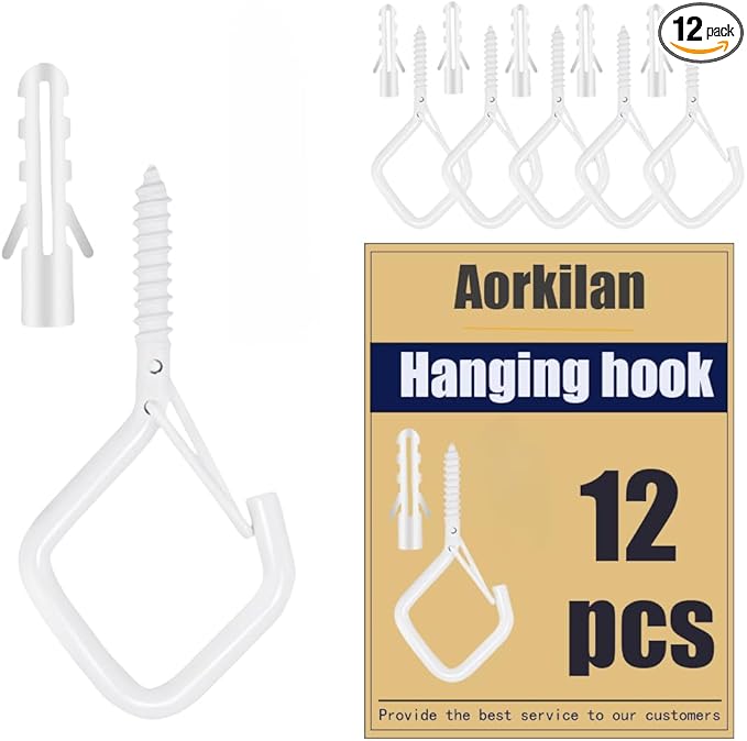 12-Pack Heavy-Duty White Screw Eye Hooks with Safety Clips | Metal Ceiling Hooks for Hanging Plants, Wind Chimes, Bird Feeders & Indoor/Outdoor Lights