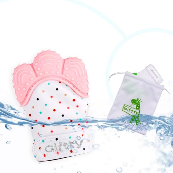 Giftty Baby Teething Mitten, Self-Soothing Teether Glove, Pain Relief Silicone Mitt, Double Breathable, Stay on Baby's Hand, Unisex for Babies 3-12 Months(2 Pink Mittens)
