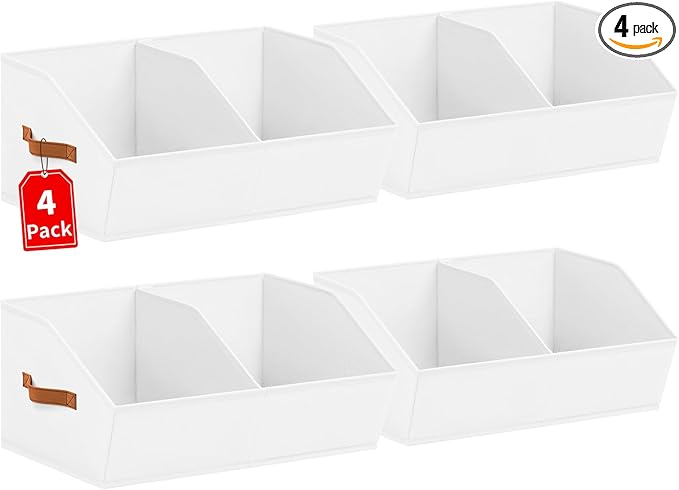 Closet Organizers and Storage Bins - 4 Pack Collapsible Divided Trapezoidal Cube Storage Bins Baskets with Orange Handle for Organizing Clothes Blankets, Toys, Books, Towels(White)