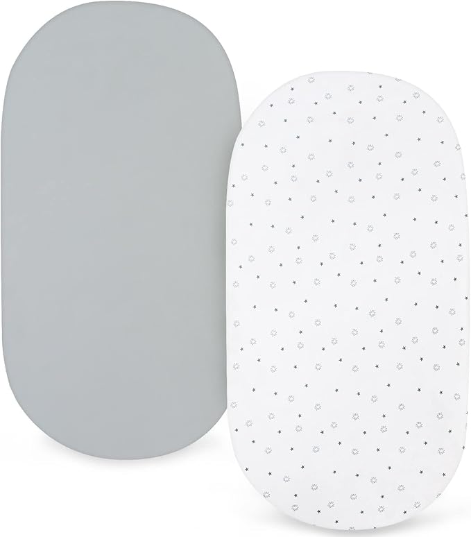 Bassinet Fitted Sheets Fit for UPPAbaby, SNOO, Chicco LullaGo Anywhere Bassinet and 13" x 30" Mattress Pad, 2 Pack for Baby Boy/Girl, Ultra Soft & Stretchy, Grey & White Star