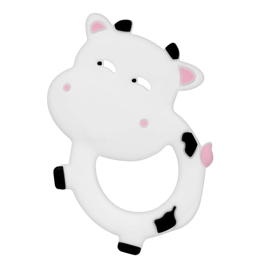Silicone Baby Teether Ring for 3–12 Months, BPA-Free Soft Teething Toy, Easy-Grip Cow Infant Teether for Boys and Girls (White)