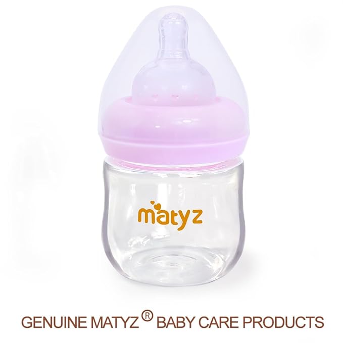 Matyz 1-Pack Glass Baby Breastfeeding Bottle With Cap (Pink, 4Oz) - Wide Neck New Born Bottles For Baby Breastfeeding - Breastfeeding Bottles For Newborn Babies Glass 4 Oz Glass Baby Bottles With Lids