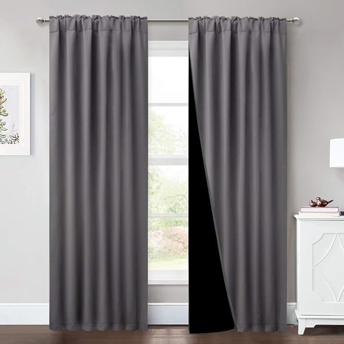 NICETOWN Grey Full Shade Curtain Panels, Pair of Energy Smart & Noise Blocking Out Blackout Drapes for Sliding Glass Door, Thermal Insulated Guest Room Lined Window Dressing (Gray, 52 x 84 inch)