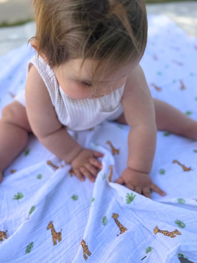 100% Muslin Cotton Swaddle Blankets, Pack of 4, 47 x 47 inches (120 cm x 120 cm), Ultra-Soft, Breathable, Hypoallergenic, Lion/Elephant/Giraffe/Zebra Designs
