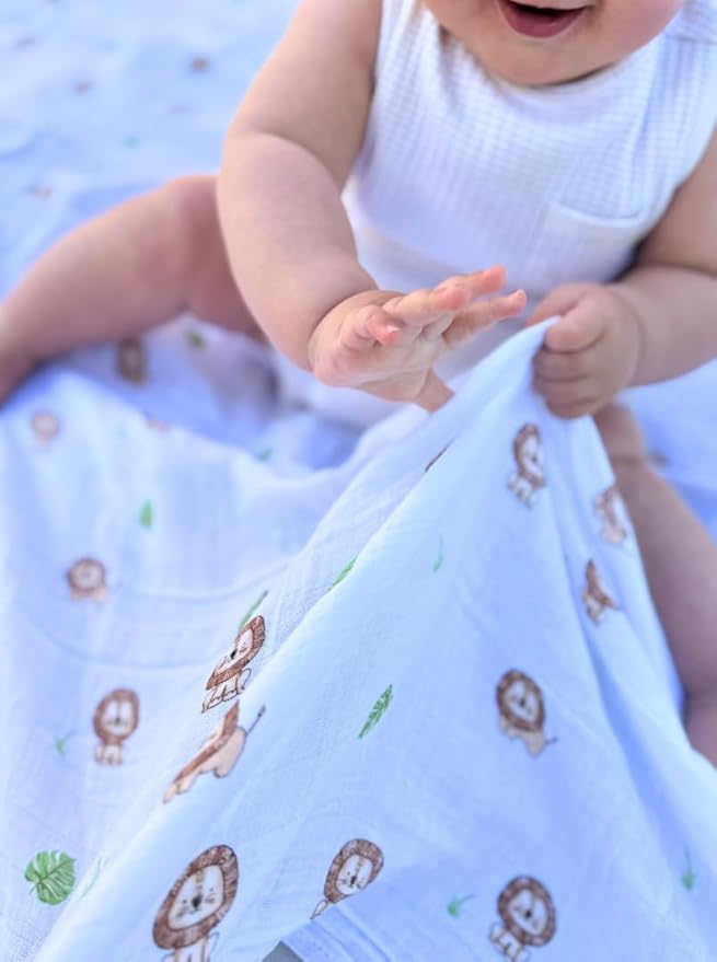 100% Muslin Cotton Swaddle Blankets, Pack of 4, 47 x 47 inches (120 cm x 120 cm), Ultra-Soft, Breathable, Hypoallergenic, Lion/Elephant/Giraffe/Zebra Designs