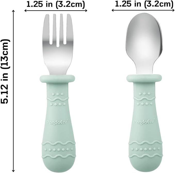PandaEar Baby Feeding Set| 2 Pack Silicone Divided Suction Plate, 2 Set Toddler Spoons & Forks| Baby Led Weaning Supplies Self Feeding Eating Utensils (Green & White)