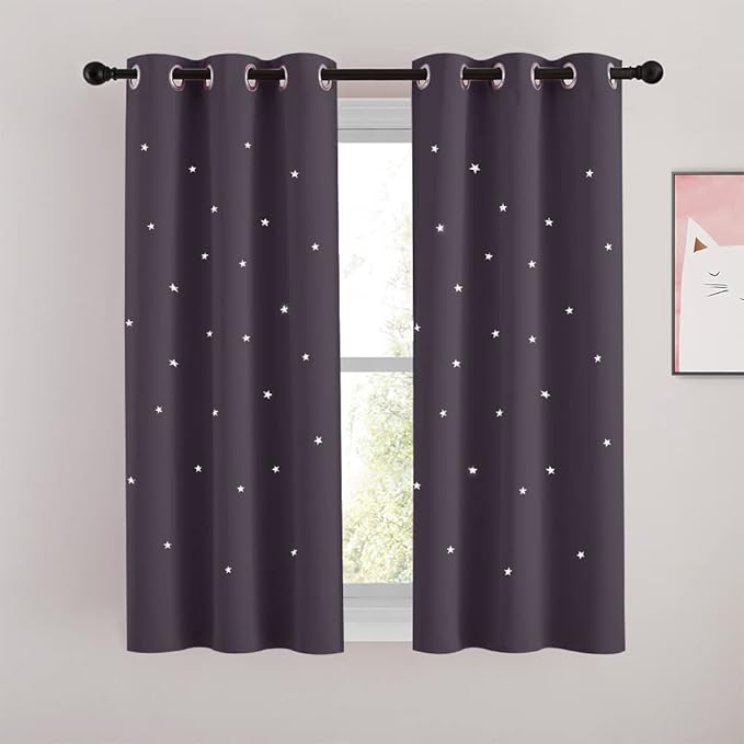 NICETOWN Cutout Stars Curtains for Kids Room 2 Panels Romantic Sparkle Starry Sky Space Theme Light-Filtering 54 inches Length Blackout Windows Curtains, 34" Width, Greyish Purple