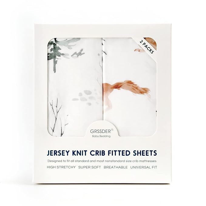 Stretch Ultra Soft Jersey Knit Fitted Crib Sheets Set 2 Pack，Fit All Standard Crib Mattress Pads Safe and Snug, Crib Fitted Sheet for Baby, Cute Jungle Squirrels and Animals