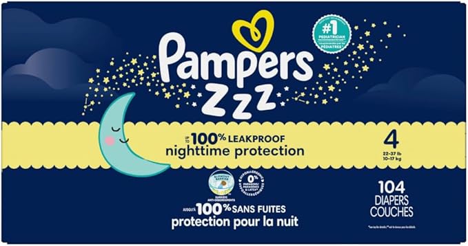 Pampers ZZZ Overnight Diapers, Size 4 (22-37 lbs), 104 Count, Nighttime Protection Disposable Baby Diaper, Night Time Leak and Skin Protection