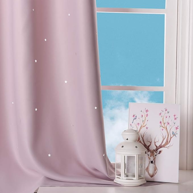 NICETOWN Children Window Darkening Curtains - Bedroom Star Cutouts Starry Night Magical Drape Panels for Girl's Princess Themed Rooms/Nursery Room (Lavender Pink, 42 inches X 63 inches, 2 Pieces)