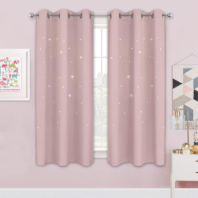NICETOWN Kids Curtains for Bedroom Thermal Insulated Silver Twinkle Star Curtains for Boys, Grommet Top Window Treatment 2 Panels Drapes for Nursery, (42" W x 63" L, Light Pink)