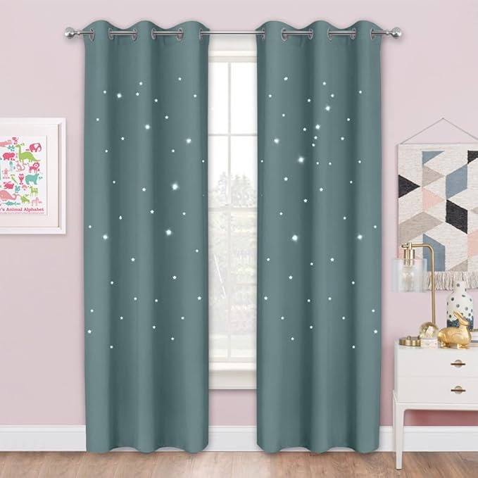 NICETOWN Blackout Curtains for Kids Room, Star Room Darkening Curtains for Girls Bedroom, Thermal Insulted Grommet Window Drapes for Nursery, 2 Panels, 42x84 inches, Greyish Blue