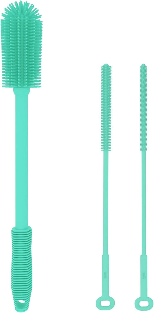 WQSS AOEIU Silicone Bottle Brush with 2 Straw Cleaner Brushes,Bottle Brush Set for Cleaning Bottles,Jars,Tumblers,Thermoses,Baby Bottle,Water Bottle,Dish,Easy to Use and Dry,Heat Resistant Sturdy