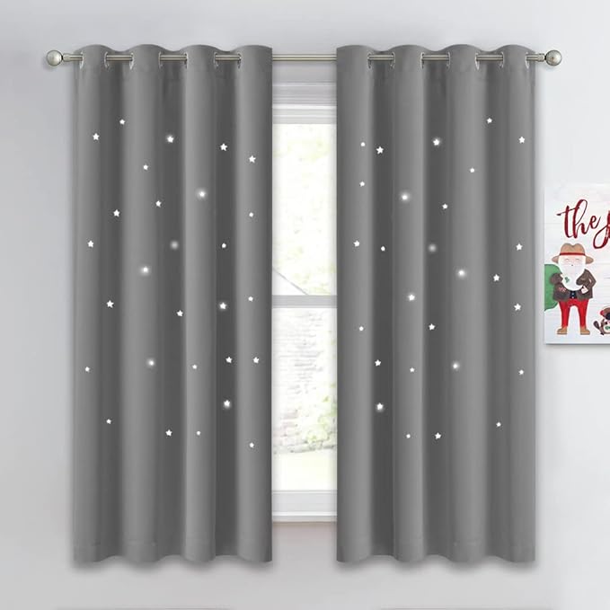 NICETOWN Cut Out Stars Curtains for Girls Bedroom, Blackout Thermal Insulated Grommet Top Window Curtains Drapes for Kids Room Nursery, 2 Panels, 52 x 63 Inches, Silver Grey