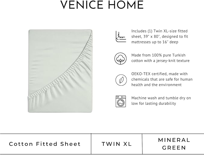100% Cotton Fitted Sheet Only - Deep Pocket up to 16inch - All-Around Elastic - T-Shirt Fabric Jersey Knit - Extra Soft - Easy Fit - All Season - Comfy (Mineral Green, Twin XL)