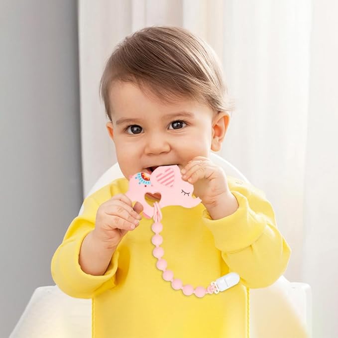 Baby Food Grade Silicone Teether Toy with One Piece Design Pacifier Clip Holder,Teething Toys Gift Set for 3 Months+ Boys and Girls,Freezer Safe,BPA Free. (Pink Elephant)