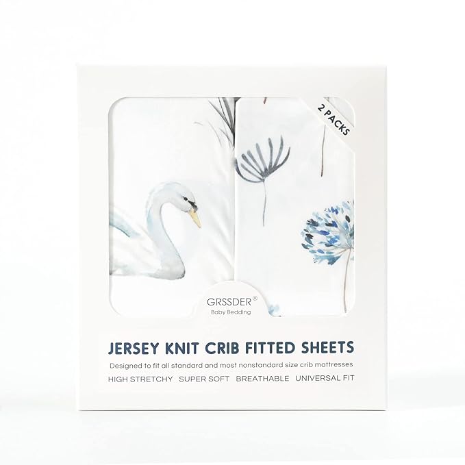 Stretch Ultra Soft Jersey Knit Fitted Crib Sheets Set 2 Pack, Fits All Standard Crib Mattress Pads Safe and Snug, Crib Fitted Sheet for Baby, Pretty Swan/Watercolor Dandelion for Baby