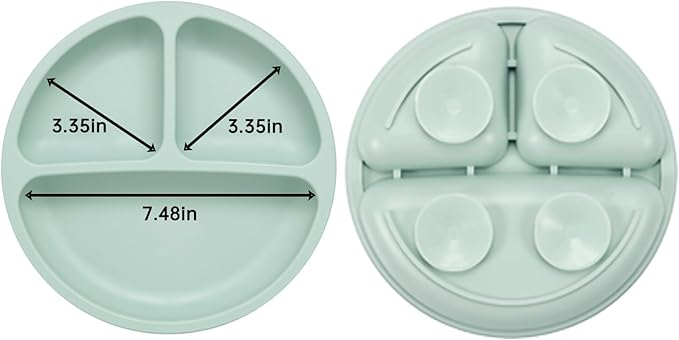 PandaEar Baby Feeding Set| 2 Pack Silicone Divided Suction Plate, 2 Set Toddler Spoons & Forks| Baby Led Weaning Supplies Self Feeding Eating Utensils (Green & White)