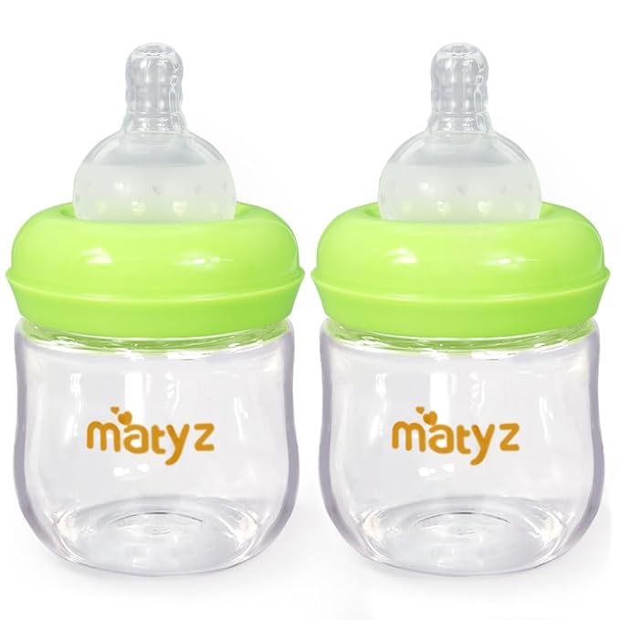 Matyz 2-Pack Glass Baby Breastfeeding Bottles with Caps (Green, 4Oz) - Wide Neck New Born Bottles for Baby Breastfeeding Bottles for 0-3 Months Babies - Glass Baby Bottles 4 Oz Breastfeeding Bottles