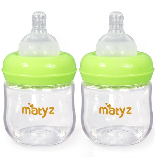 Matyz 2-Pack Glass Baby Breastfeeding Bottles with Caps (Green, 4Oz) - Wide Neck New Born Bottles for Baby Breastfeeding Bottles for 0-3 Months Babies - Glass Baby Bottles 4 Oz Breastfeeding Bottles