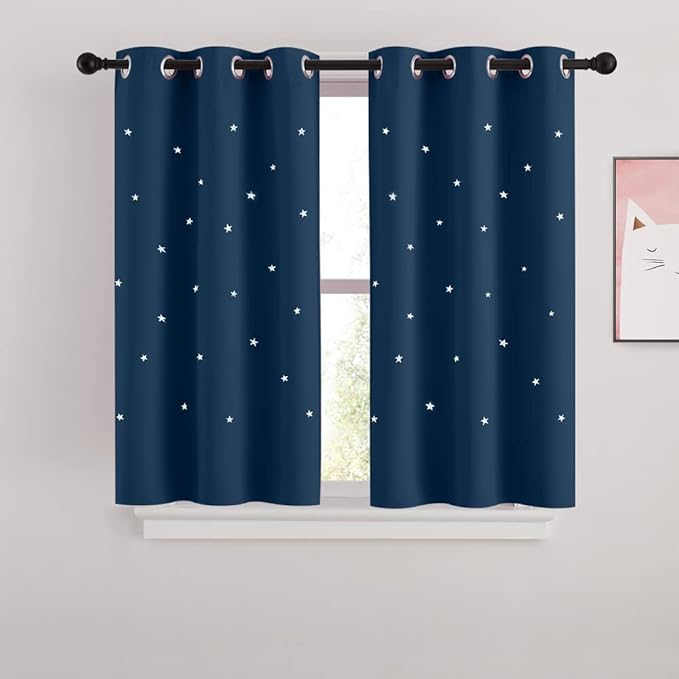 NICETOWN Kids Curtains Punched Out Stars, Moroccan Blue Star Curtains for Girls' Bedroom, Thick and Soft Room Darkening Shade for Baby Nursery, (W34 x L45 Inches, 2 Panels)