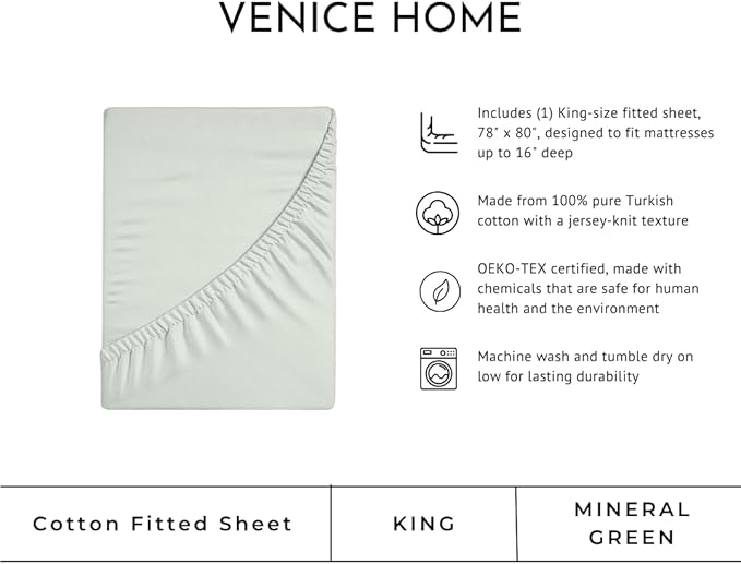 100% Cotton Fitted Sheet Only - Deep Pocket up to 16inch - All-Around Elastic - T-Shirt Fabric Jersey Knit - Extra Soft - Easy Fit - All Season - Comfy (Mineral Green, King)