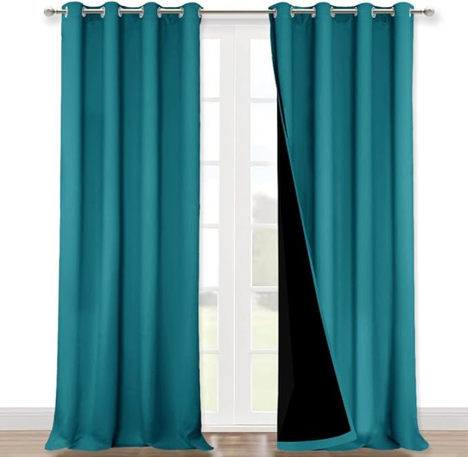 NICETOWN 100% Blackout Curtains for Windows, Pack of 2, Peacock Teal, 52" W x 102" L, Super Heavy-Duty Black Lined Total Darkness Drapes for Bedroom, Privacy Assured Window Treatment for Patio