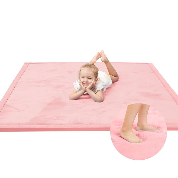 Baby Play Mat for Floor,1.3" Thick Elasti-Foam 50x50 Playpen Mat for Toddlers Infant Kids,Water-Repellent Soft Coral Velvet Tummy Time Mats,Non Slip Crawling Mats,Tatami Style(Pink)