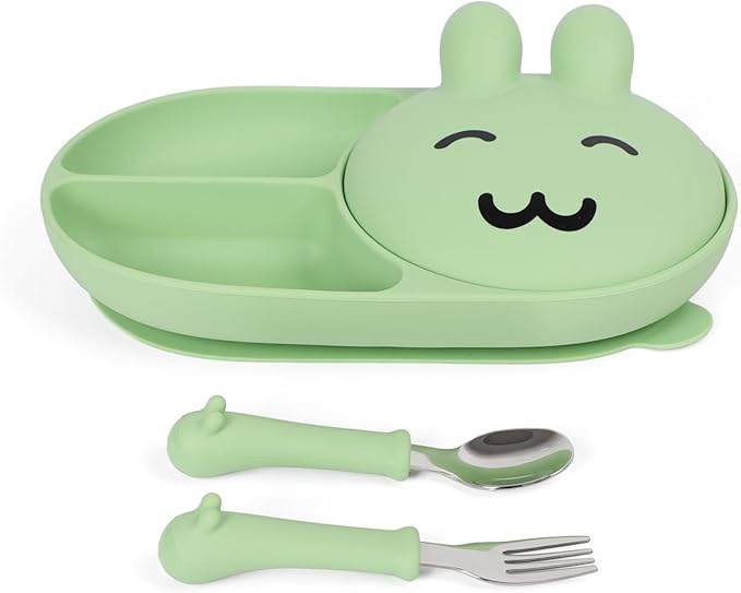 Silicone Baby Plate,Toddler plates,Self-feeding of infants after weaning, 100% Food Grade Silicone, BPA Free, Baby Dinnerware, Baby Plates With Suction, Divided Plate for Babies (green)