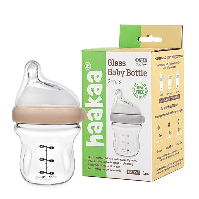 Haakaa Generation 3 Anti-Colic Wide Neck Glass Baby Bottle 4 oz/120 ml with Slow Flow Nipple 0 m +, 1 PK (Peach)