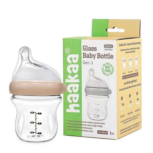 Haakaa Generation 3 Anti-Colic Wide Neck Glass Baby Bottle 4 oz/120 ml with Slow Flow Nipple 0 m +, 1 PK (Peach)