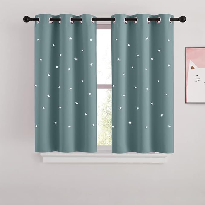 NICETOWN Cut Out Stars Curtain for Kid's Room, 2 Panels Starry Sky Grommet Nursery Curtains with Die-Cut Stars for Small Window, Baby, W34 x L45 inches, Greyish Blue