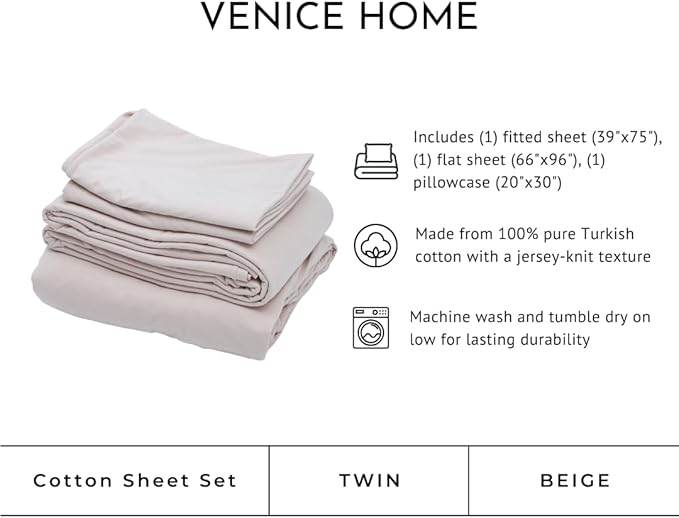 100% Cotton Bed Sheet Set with Deep Pocket - T-Shirt Fabric Jersey Knit - Extra Soft - Easy Fit - 3 Piece Set with Pillowcase - All Season - Comfy – 3 pcs (Beige, Twin)