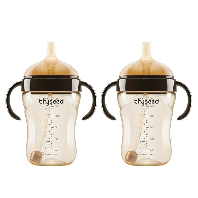 thyseed PPSU Weighted Straw Cup with Handles Toddlers Transition Bottles to Sippy Cups No Spill Learner Milk Water Baby Bottle Soft Silicone Spout Dishwasher Safe BPA Free 6+ Months 10oz/300mL 2 Pack