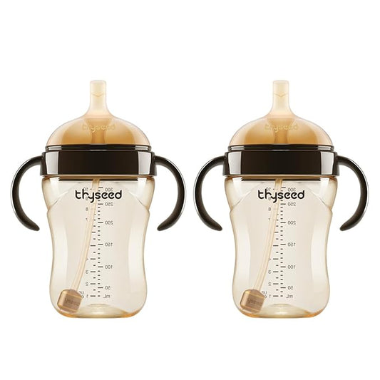 thyseed PPSU Weighted Straw Cup with Handles Toddlers Transition Bottles to Sippy Cups No Spill Learner Milk Water Baby Bottle Soft Silicone Spout Dishwasher Safe BPA Free 6+ Months 10oz/300mL 2 Pack