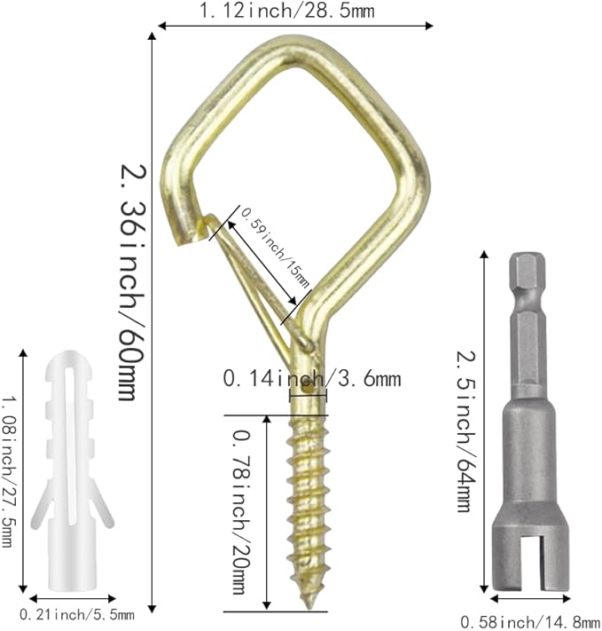 52-Pack Heavy-Duty Golden Screw Eye Hooks with Safety Clips | Metal Ceiling Hooks for Hanging Plants, Wind Chimes, Bird Feeders & Indoor/Outdoor Lights