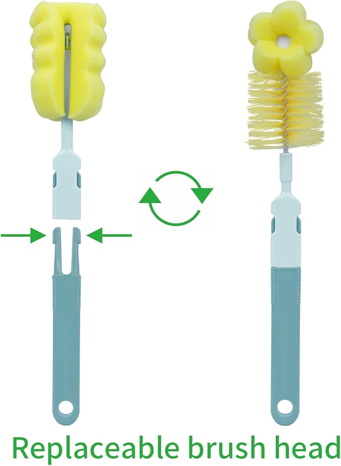 SEBIKAM 4-in-1 Baby Bottle Brush Set, Scratch-Free Sponge & Long Handle Cleaner for Wide/Standard Neck Bottles, Nipple, Sippy Cups & Straws, Quick Dry Design (Green)