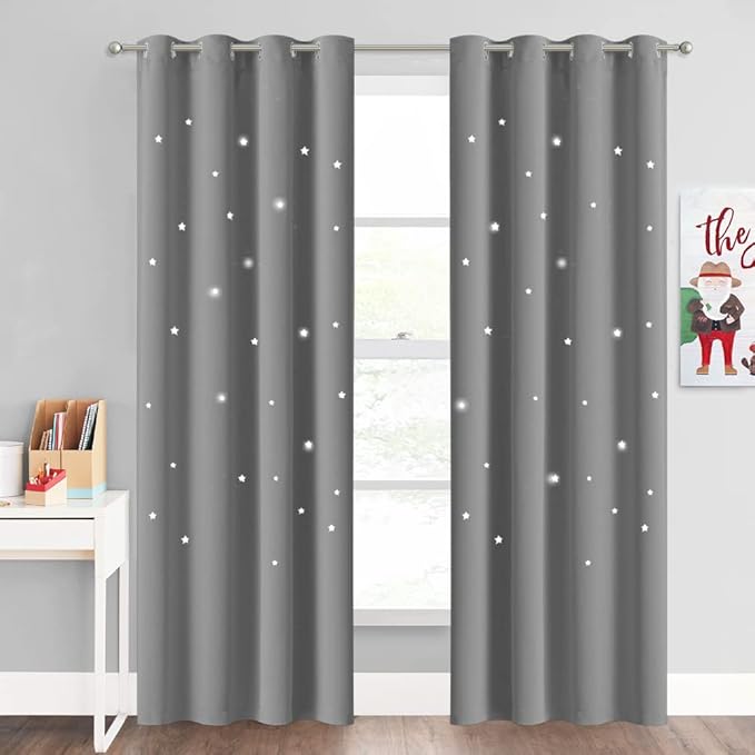 NICETOWN Cutout Stars Curtains for Kids Room 2 Panels Romantic Sparkle Starry Sky Space Theme Light-Filtering 84 inches Length Blackout Windows Curtains, 52" Width, Silver Grey