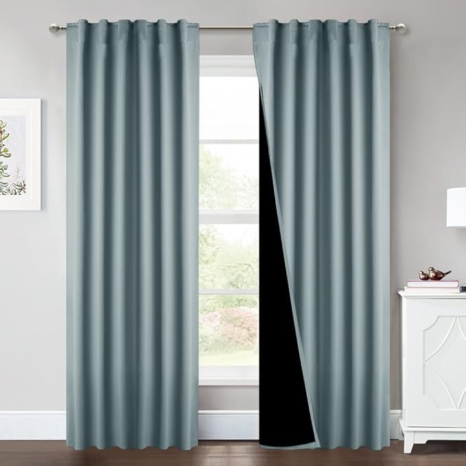 NICETOWN Greyish Blue 100% Blackout Window Curtain Panels, Cold and Full Light Blocking Drapes with Black Liner for Nursery, 84 Inches Drop Thermal Insulated Draperies (2 Pieces, 52" Wide per Panel)