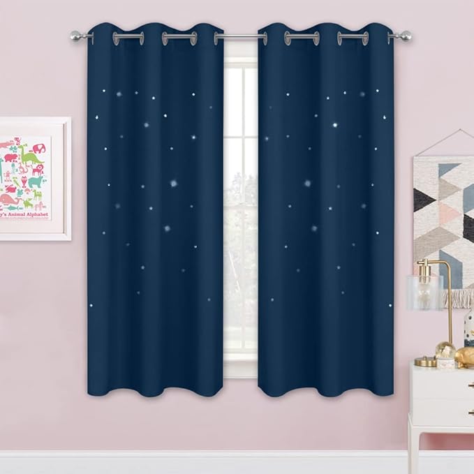 NICETOWN Blackout Curtains for Kids Room, Star Cutout Curtains for Baby Nursery, Thermal Insulted Grommet Window Drapes for Living Room/Thanksgiving, 2 Panels, 42x63 in, Moroccan Blue