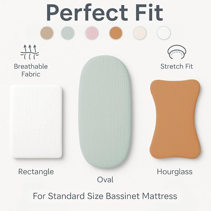 Muslin Bassinet Sheets Set of 2, Green & Beige Bassinet Sheets 33x17 Inches, Soft Fitted Bedside Sheets for Rectangle & Oval Mattress, Breathable, Gentle, Won’t Slide or Wrinkle