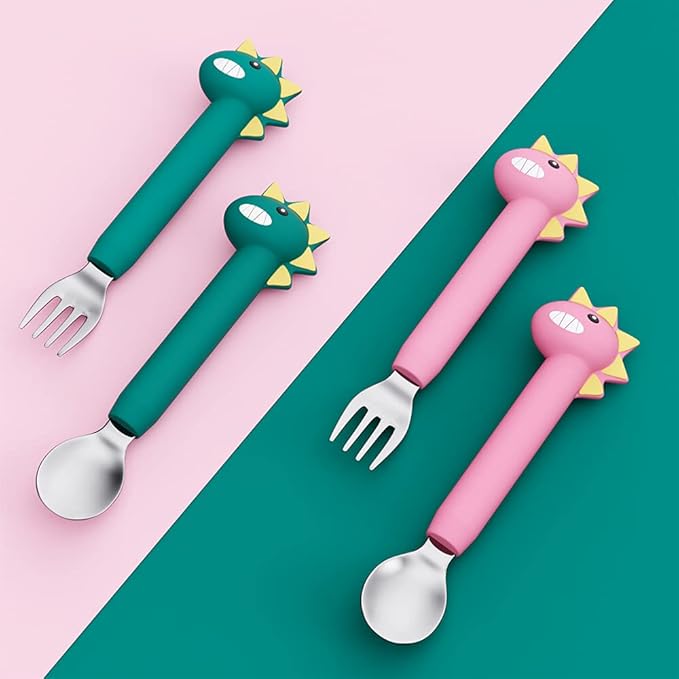 SFCCMM Forks and Spoons Cartoon Set Stainless Steel Utensils Flatware Round Handle Utensils Silverware Flatware Cutlery Set for Home, Kitchen and Restaurant (Pink Dinosaur - Long)
