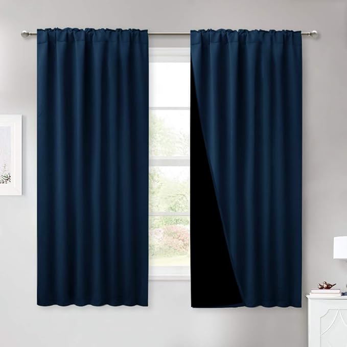 NICETOWN 100% Blackout Bedroom Curtains Navy, Thermal Insulated Black Liner Curtains for Nursery Room, Noise Reducing and Cold Blocking Drapes for Windows (Set of 2, 52-inch Wide by 63-inch Long)