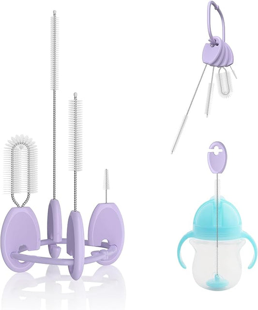 VOGOGE Baby Straw Brush Set, 4 Piece Cleaner Kit with Standable Key Ring for Sippy Cups, Weighted Straw Cups & Baby Bottles – Designed for 0–24 Months, Purple