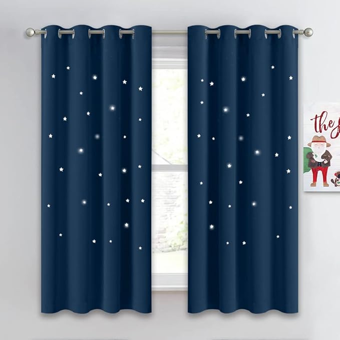 NICETOWN Star Blackout Curtains for Kids Room, Elegant Grommet Thermal Insulated Window Short Curtains for Room Darkening and Noise Blocking, (2 Panels, W52 x L63, Moroccan Blue)