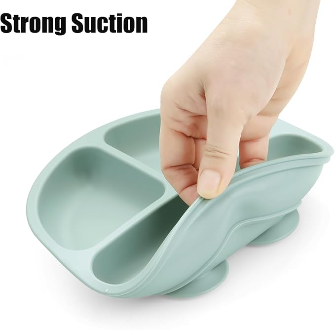 PandaEar Baby Feeding Set| 2 Pack Silicone Divided Suction Plate, 2 Set Toddler Spoons & Forks| Baby Led Weaning Supplies Self Feeding Eating Utensils (Green & White)