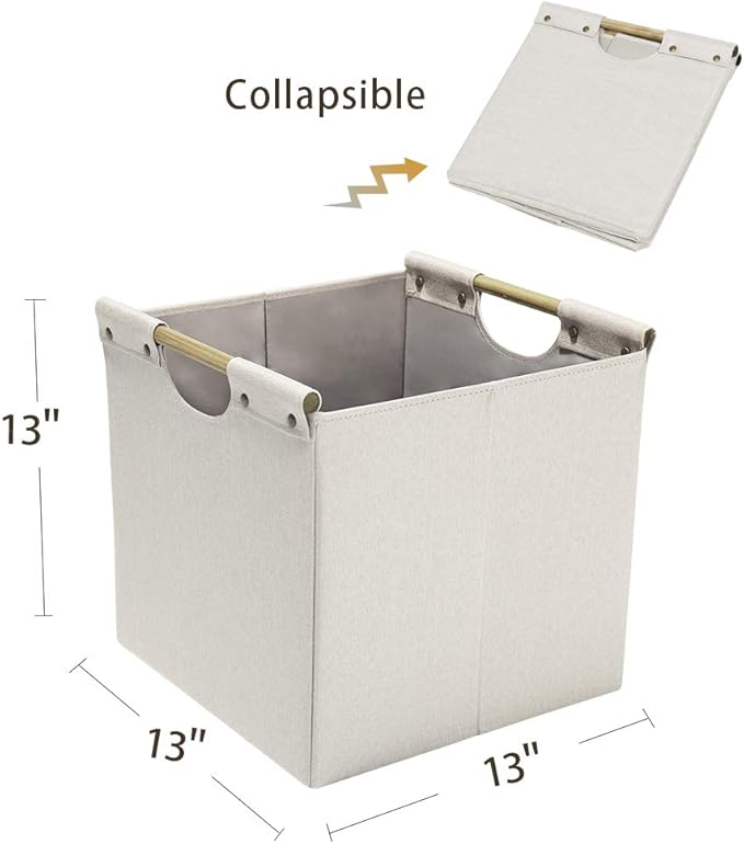 HOONEX Collapsible Storage Bins, 13x13x13in Storage Cubes Linen Fabric, 3 Pack, Storage Baskets with Wooden Carry Handles and Sturdy Heavy Cardboard, for Home, Office, Car, Nursery, Beige